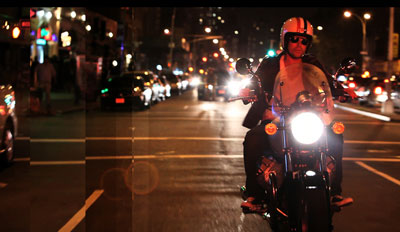 Andy Chase on motorcycle in Times Square