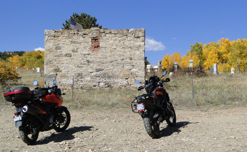 V-Strom and F800GS at old cemetery above Central City