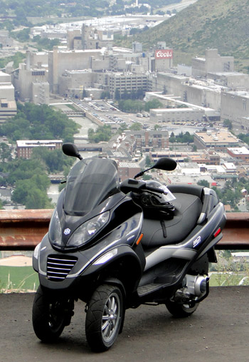 Piaggio MP3 above the Coors Brewery in Golden.