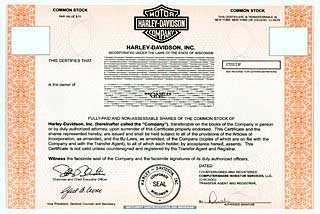 Harley-Davidson stock certificate