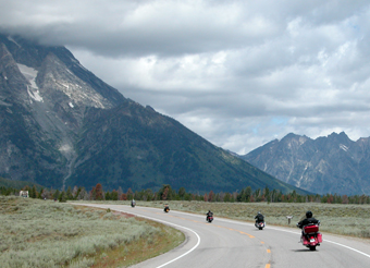 A row of motorcycles in Grand Teton